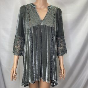 POL Gray Velvet Dress Lace Detail SZ M Boho/Romantic/Peasant/Holiday/Babydoll
